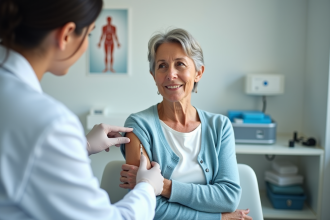 Femme d'âge moyen lors d'une vaccination en clinique