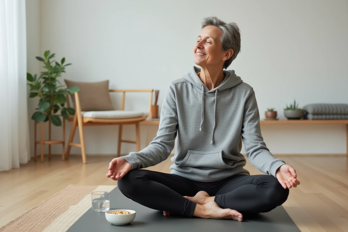 Femme en tenue de sport pratiquant la récupération sur un tapis de yoga avec des compléments postbiotiques posés à côté, illustrant la gestion de la fatigue chronique
