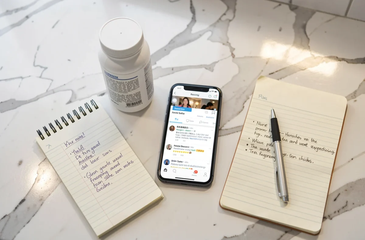 Flacon de complément alimentaire et avis en ligne sur forum affiché sur smartphone, vue à plat sur marbre blanc