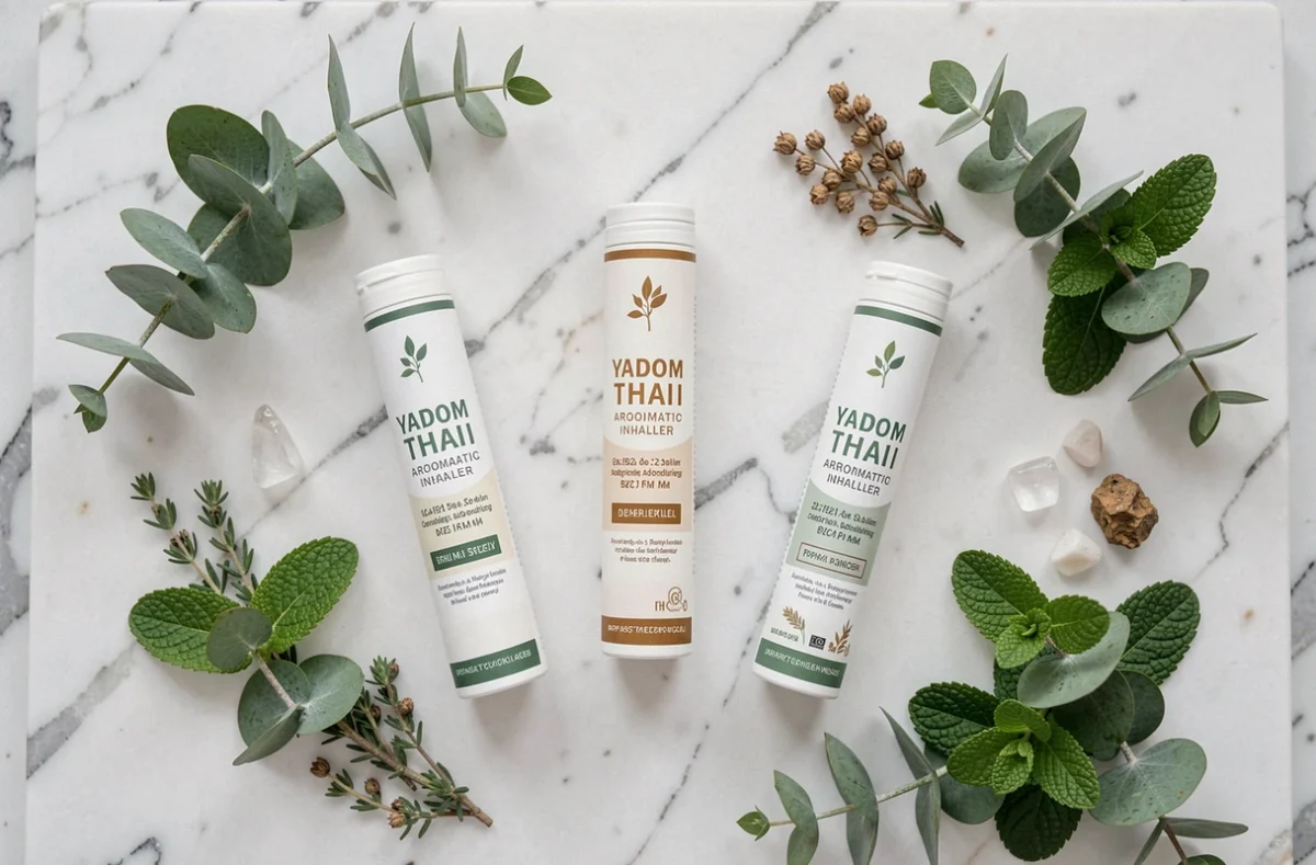 Flat lay de sticks aromatiques Yadom thaïlandais avec plantes médicinales sur marbre blanc