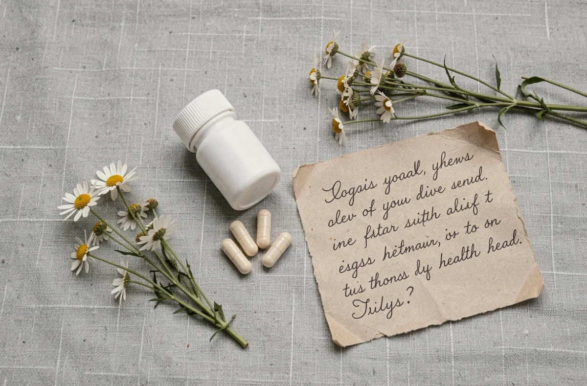 Mise en scène flatlay de capsules postbiotiques sur lin gris avec herbes séchées