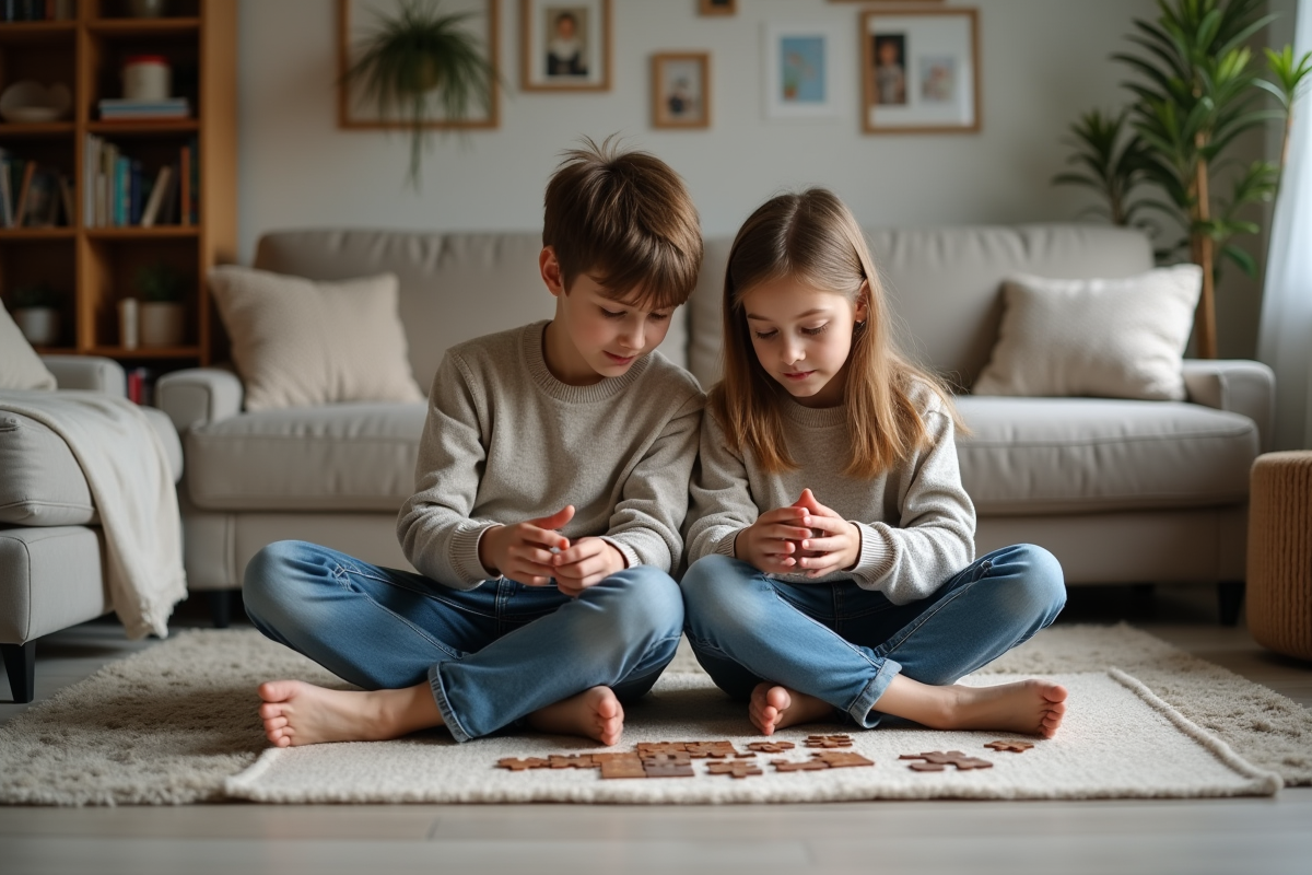 Freres jouant à un puzzle dans un salon chaleureux