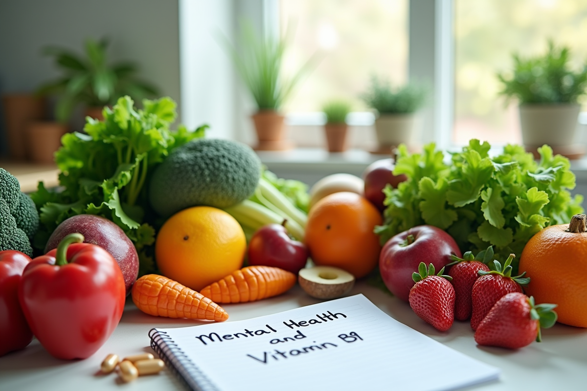 Fruits et légumes frais avec compléments et carnet sur la vitamine B9