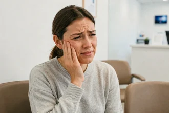 Femme souffrant d'une gencive gonflée au fond de la bouche en salle d'attente d'un cabinet dentaire
