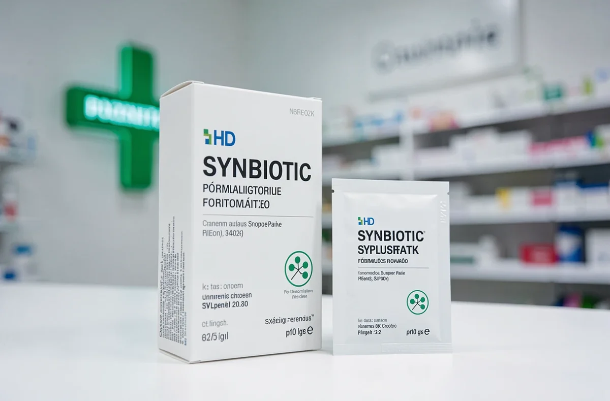 Boîte de probiotiques et prébiotiques bio Granions en format synbiotique posée sur un comptoir de pharmacie avec croix verte floue en arrière-plan.