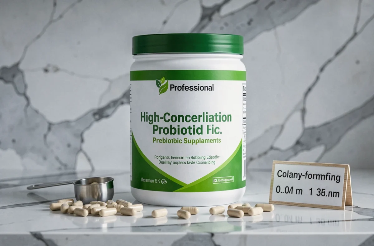 Grand flacon de probiotiques et prébiotiques bio Greenwhey à haute concentration sur plan de travail en marbre avec dosette et indication d'UFC.