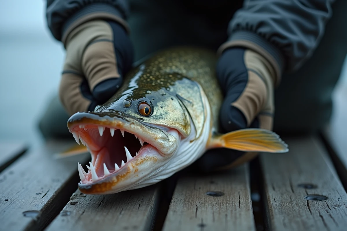 Gros plan sur les dents acérées d'un brochet tenu par un pêcheur sur un ponton en bois