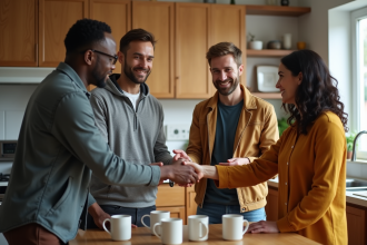 Groupe d'adultes divers discutant dans une cuisine chaleureuse