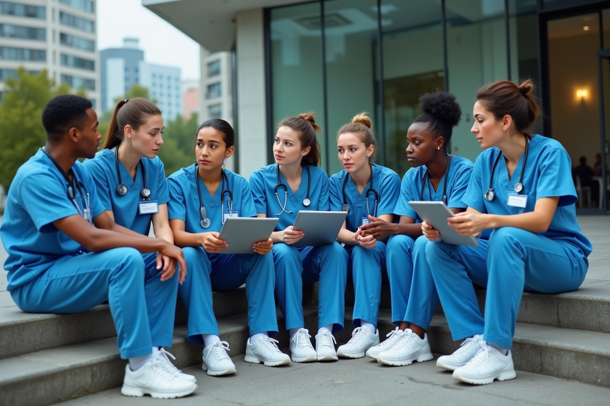 Groupe de jeunes médecins discutant devant un hôpital moderne