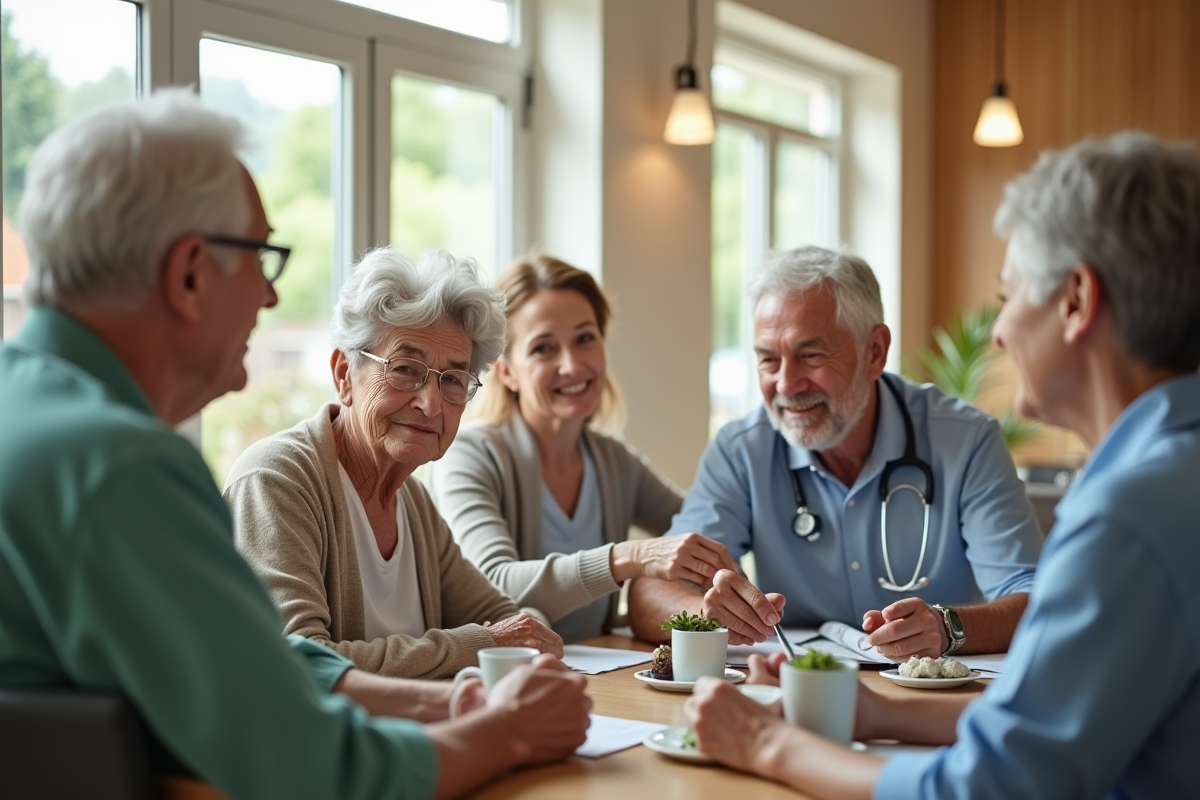 Groupe de seniors socialisant avec des soignants dans un espace convivial