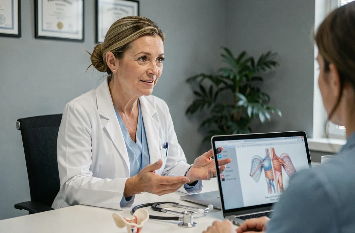 Gynécologue expliquant les causes hormonales des kystes ovariens lors d'une consultation médicale