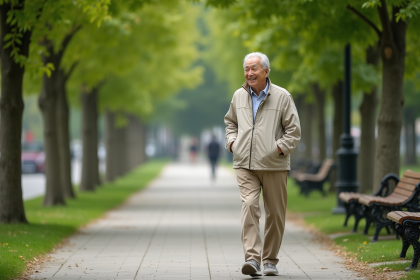 Homme âgé marchant dans un parc ensoleillé