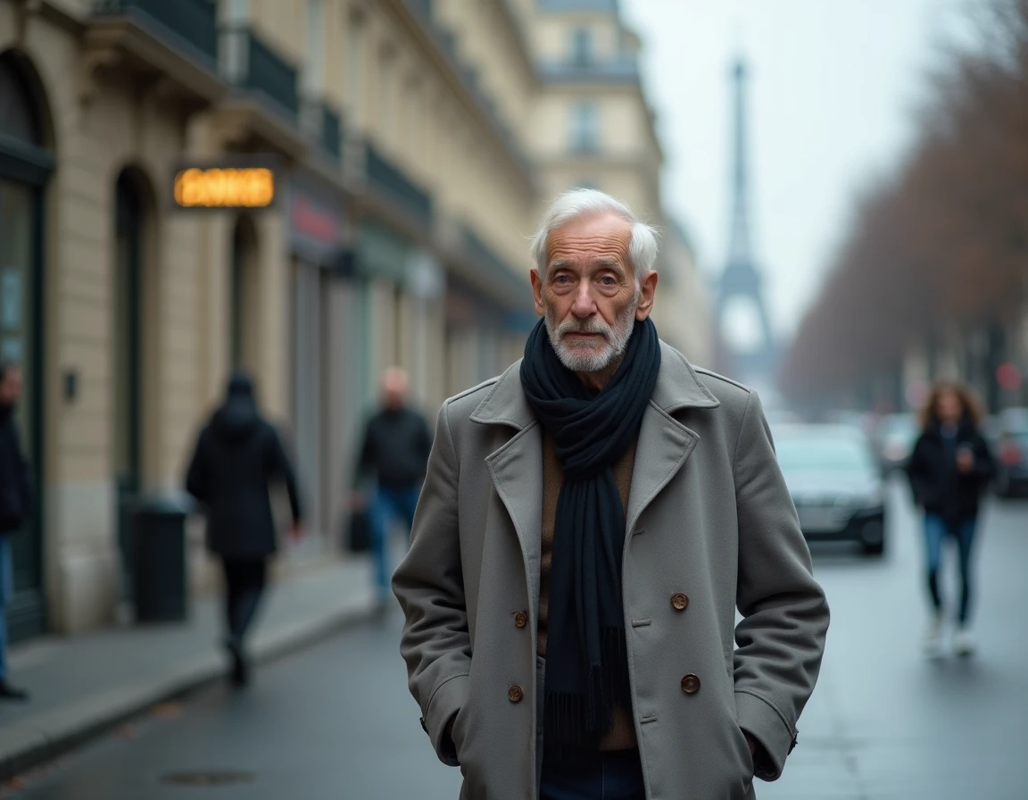 Homme âgé marchant dans une rue parisienne en automne, symbolisant la fragilité de la santé d'une personnalité politique française