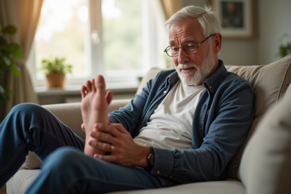 Homme senior se massant les pieds à la maison