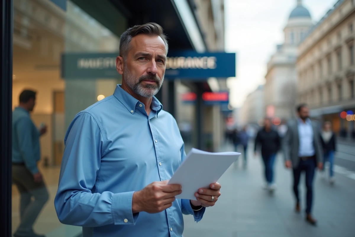 Homme examinant une brochure d'assurance ECA devant une agence en milieu urbain