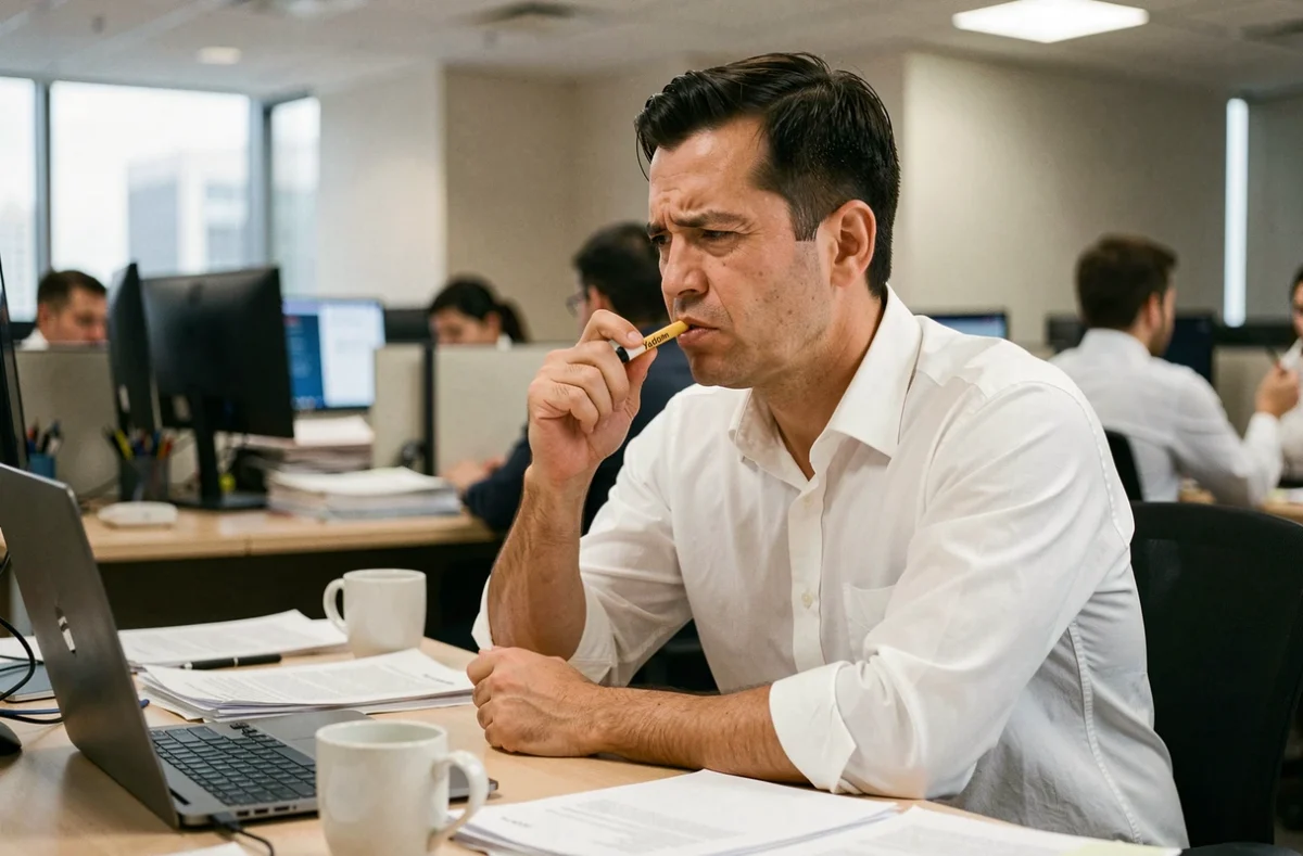 Homme stressé au bureau utilisant un stick Yadom thaïlandais pour se détendre rapidement