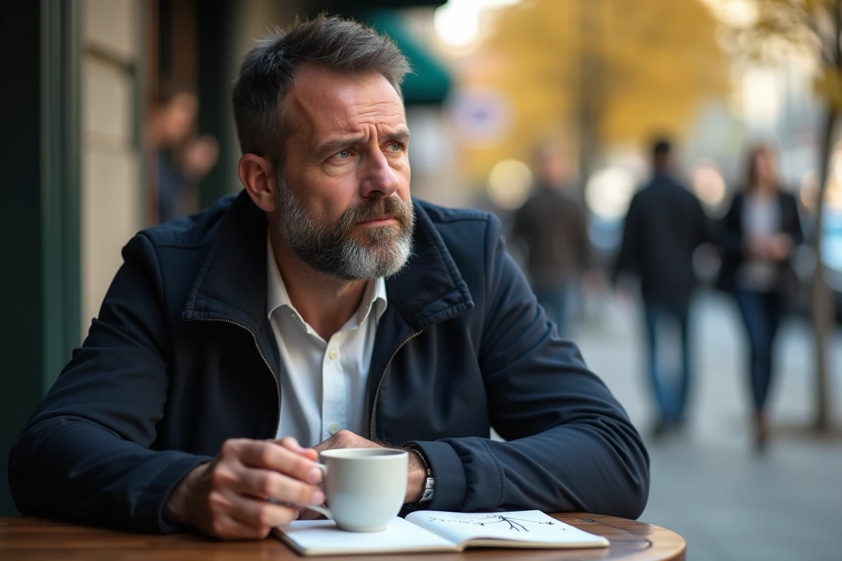 Homme pensif dans un café avec un carnet illustrant un bonhomme allumette et des notes sur le karma et l'ésotérisme