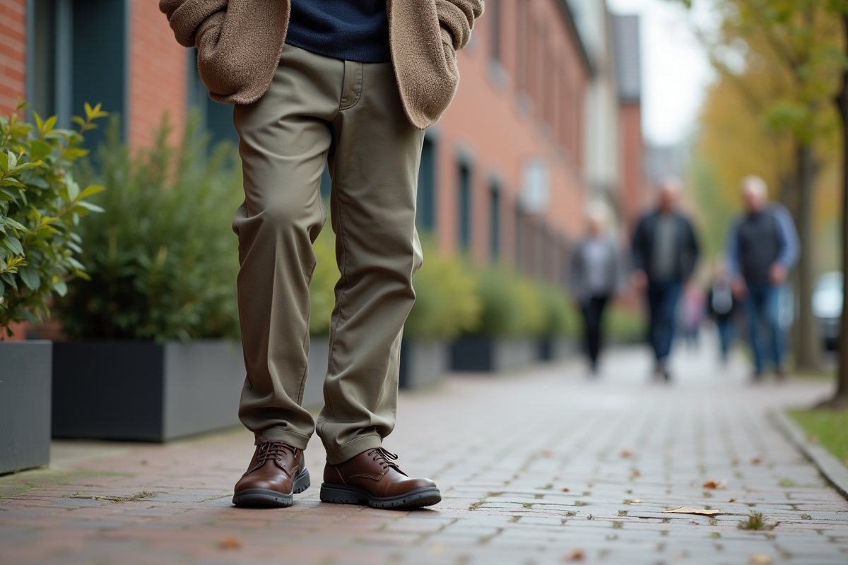 Homme âgé inspectant ses chaussures sur un trottoir urbain