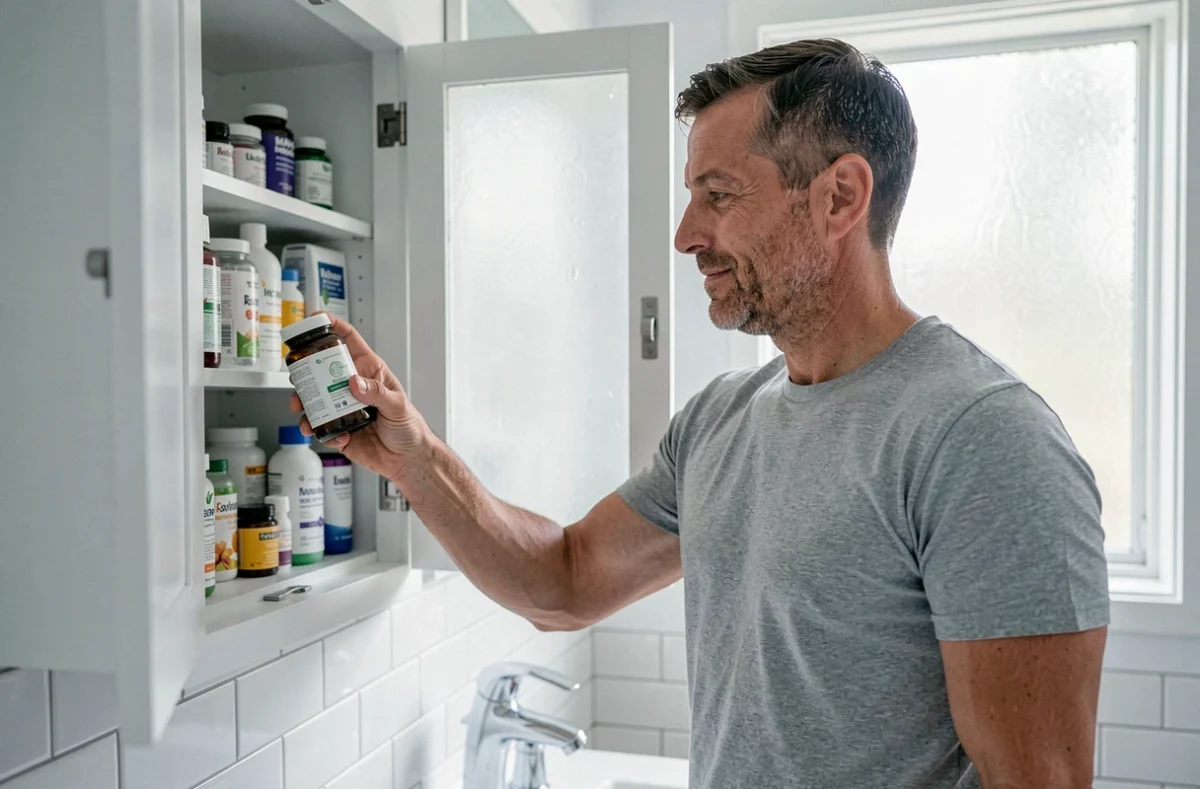 Homme rangeant un complément postbiotique dans l'armoire à pharmacie d'une salle de bain moderne