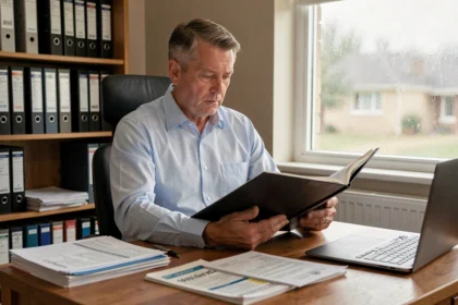 Homme consultant des documents d'assurance décennale sur un bureau encombré de contrats de construction
