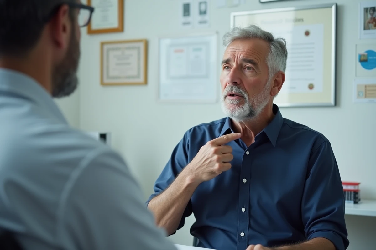 Homme d'âge moyen en consultation médicale montrant sa gorge au médecin pour diagnostiquer un reflux gastro-œsophagien ou une infection pharyngée