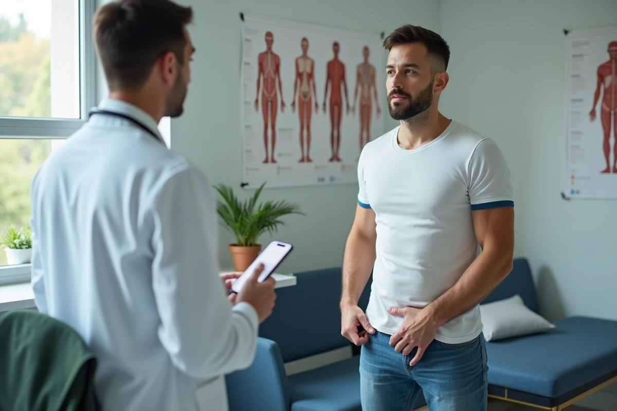 Homme en jeans consulte un professionnel de sant&eacute; en cabinet