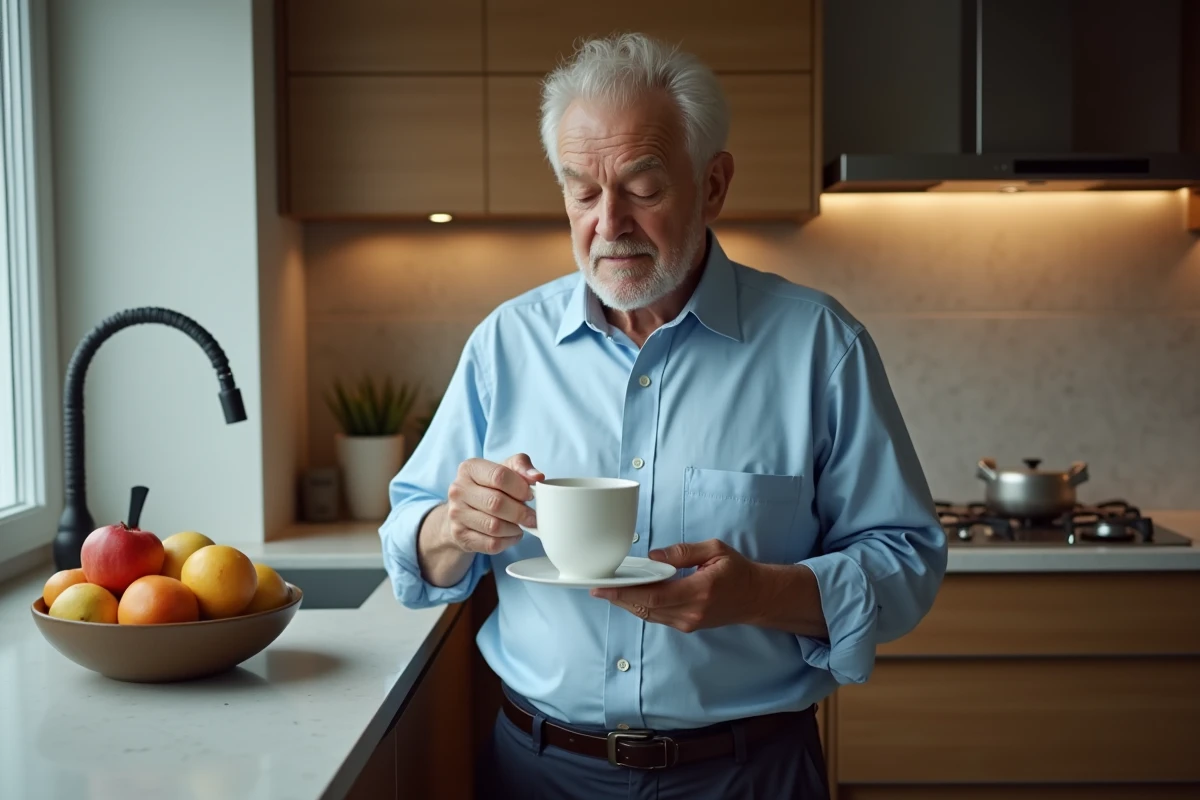 Homme âgé buvant une tisane dans une cuisine moderne