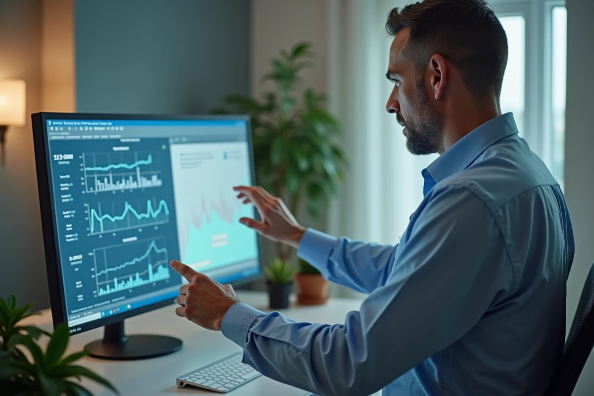 Homme en discussion devant un grand &eacute;cran d