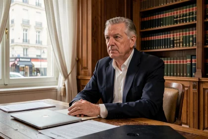 Homme distingué en costume sombre assis à un bureau juridique parisien, expression réfléchie, entouré de livres de droit