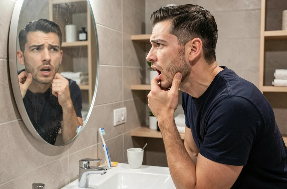 Homme examinant sa gencive douloureuse du fond dans un miroir de salle de bain en raison d'une dent de sagesse