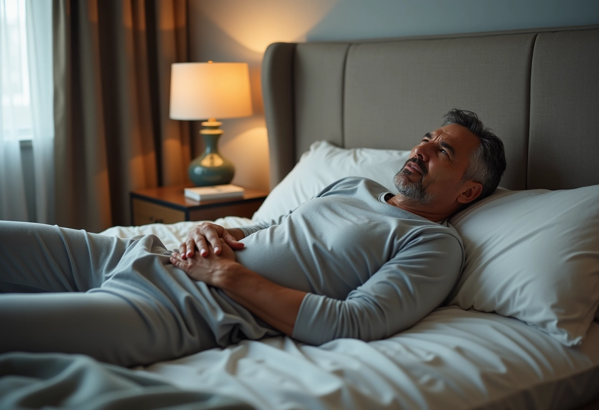 Homme allongé dans son lit avec douleur et confort