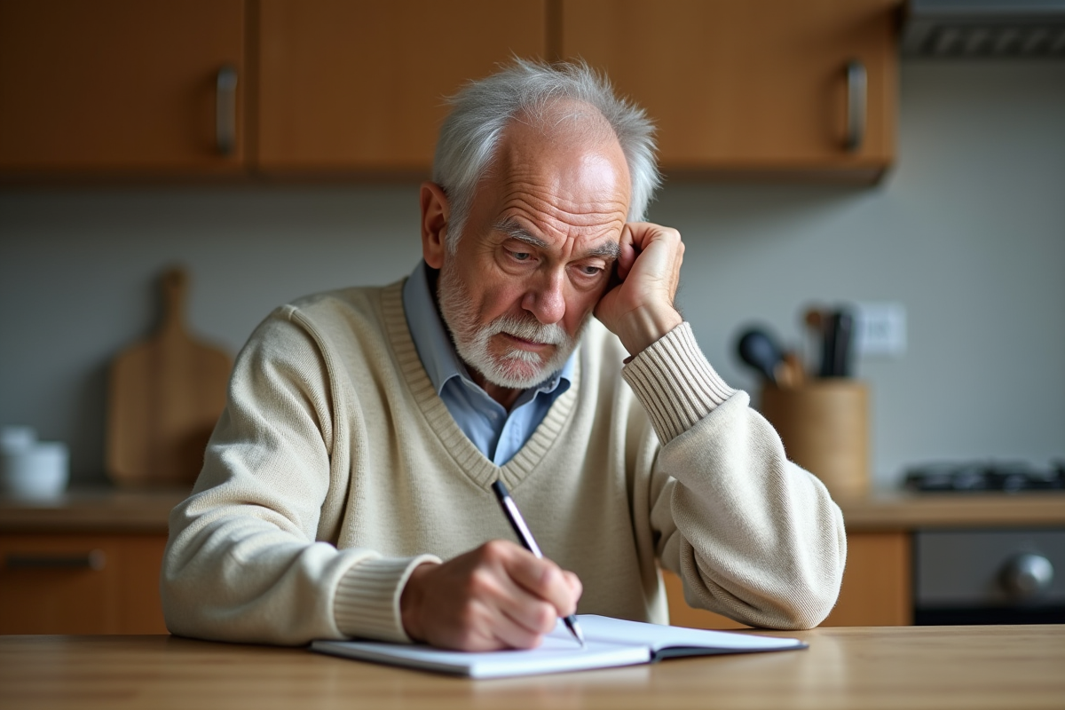 Homme âgé écrivant à la cuisine dans un cadre moderne