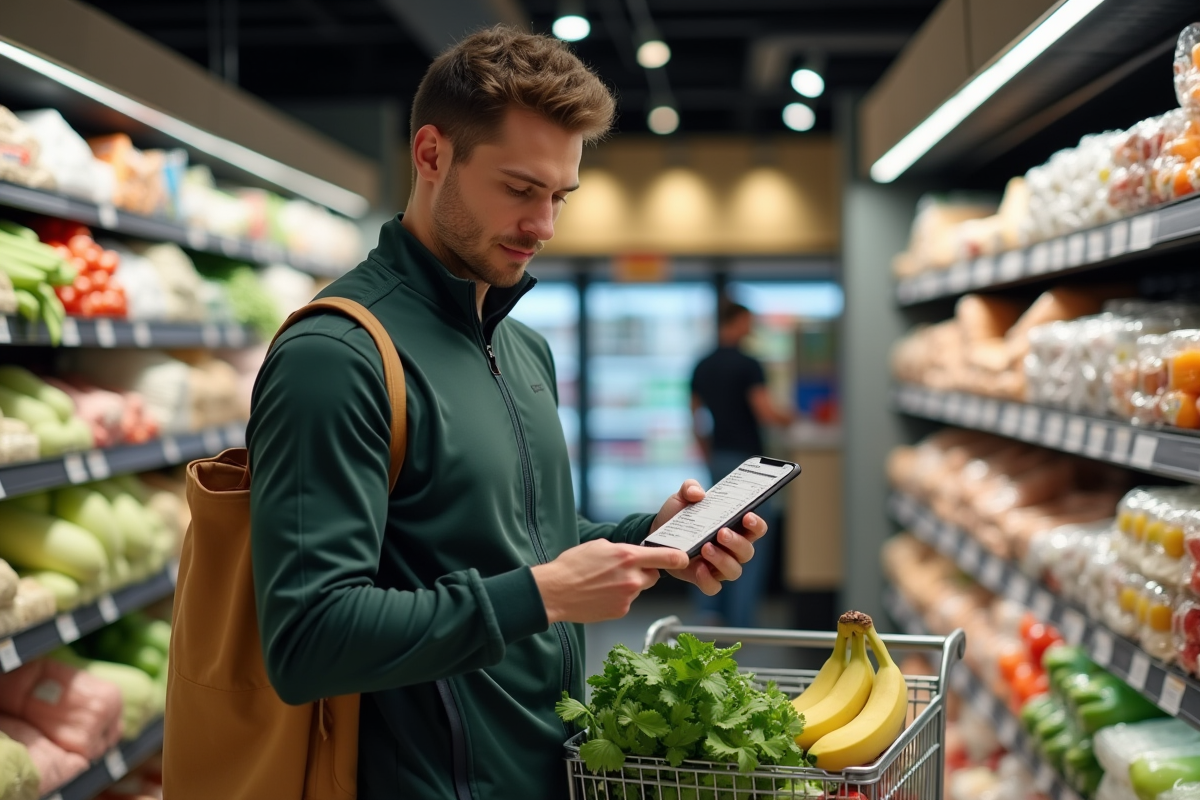 Homme faisant ses courses avec produits sains en supermarche