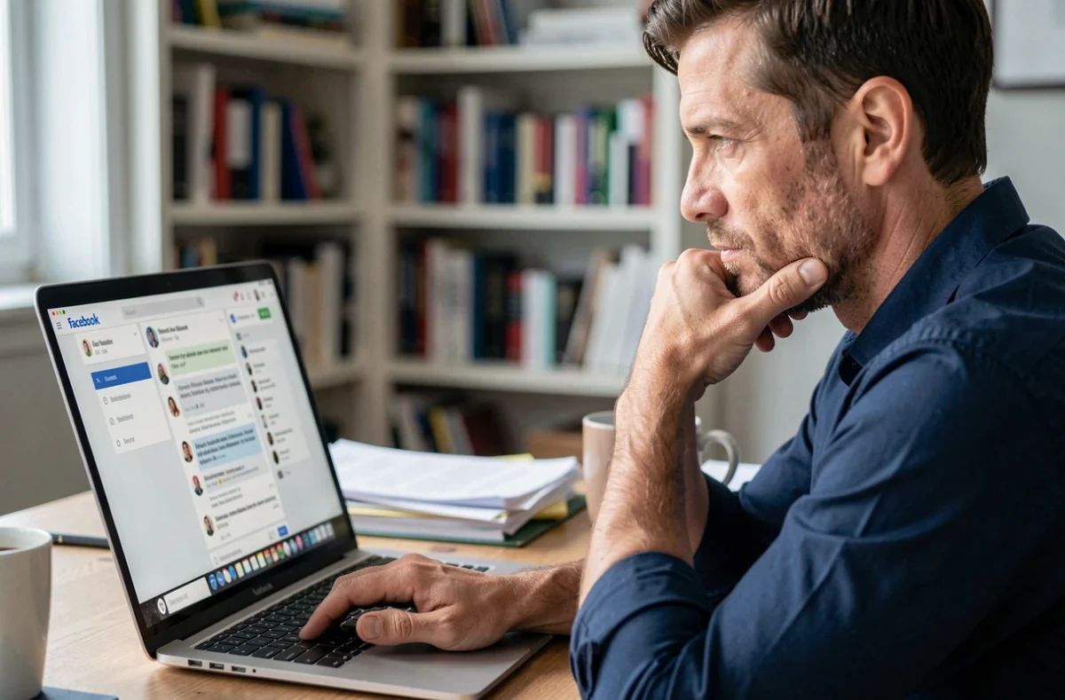 Homme consultant un groupe Facebook pour lire des témoignages sur Glucavit depuis son bureau à domicile