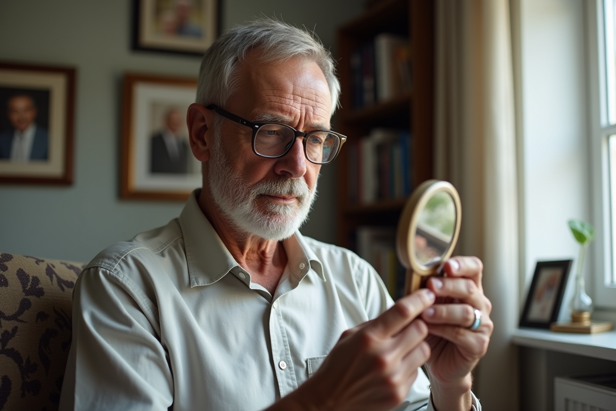 Homme âgé inspectant une tache de peau dans un miroir
