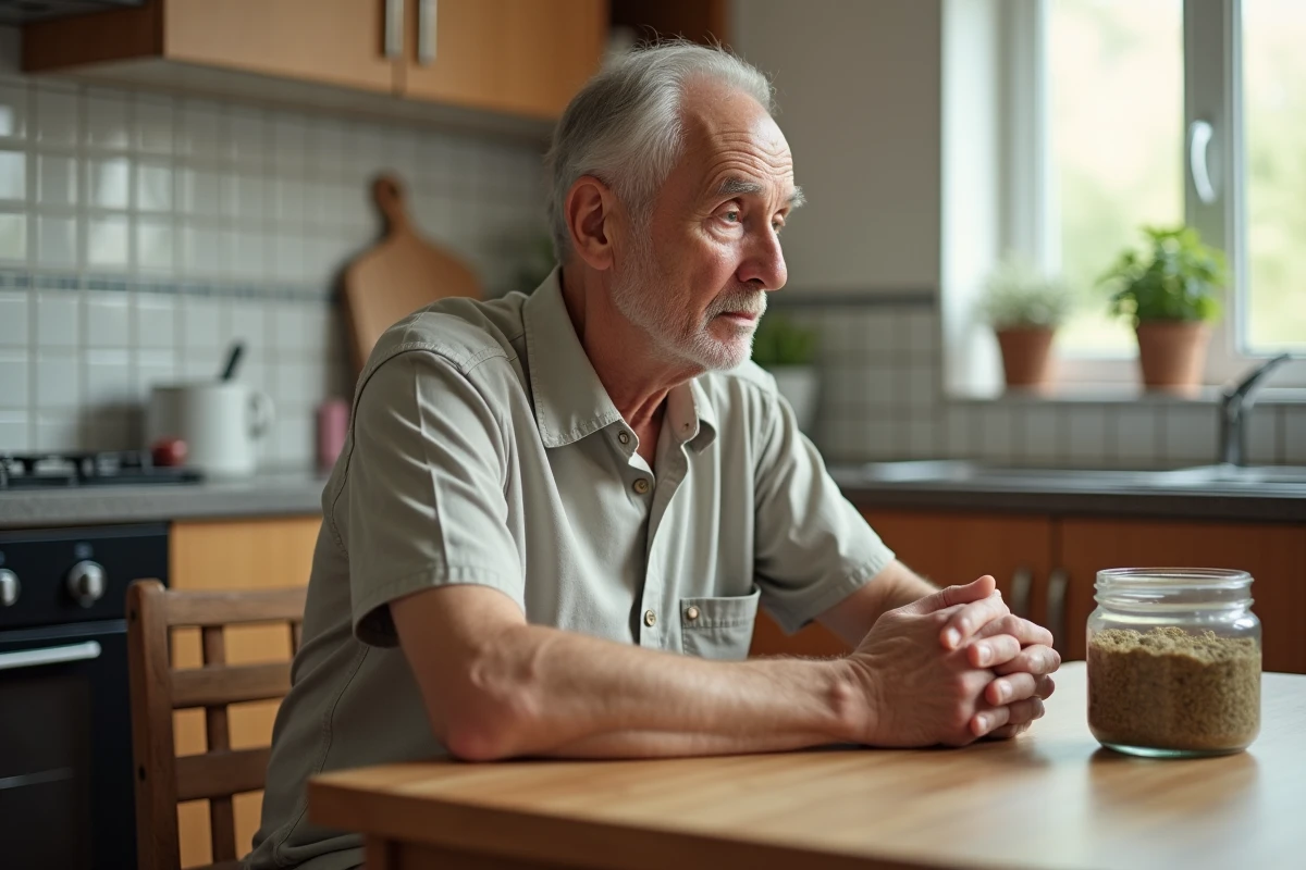 Homme âgé regardant une jarre de pommade maison