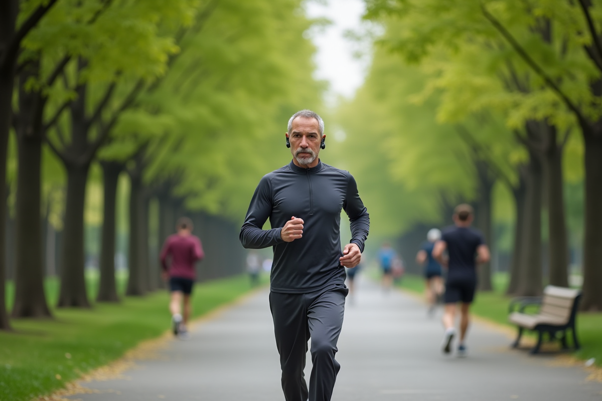 Homme courant dans un parc urbain en écoutant de la musique