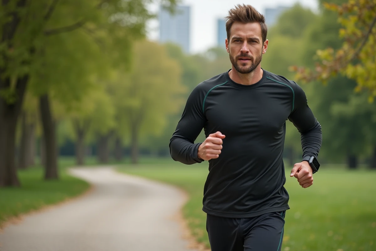 Homme courant dans un parc avec montre connectee