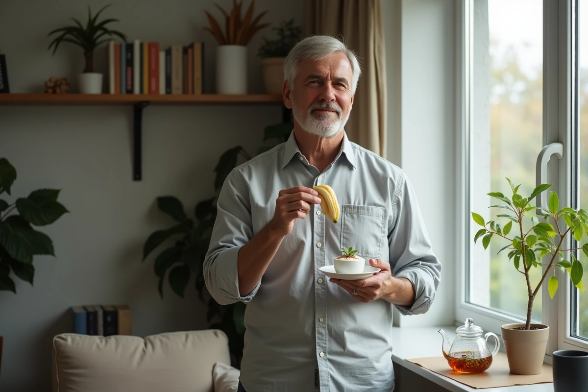 Homme en homewear prenant un yaourt avec une banane dans le salon moderne