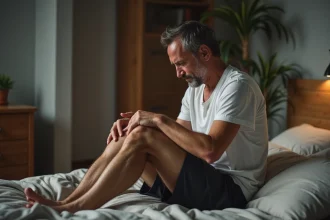 Homme d'âge moyen se massant le mollet au lit