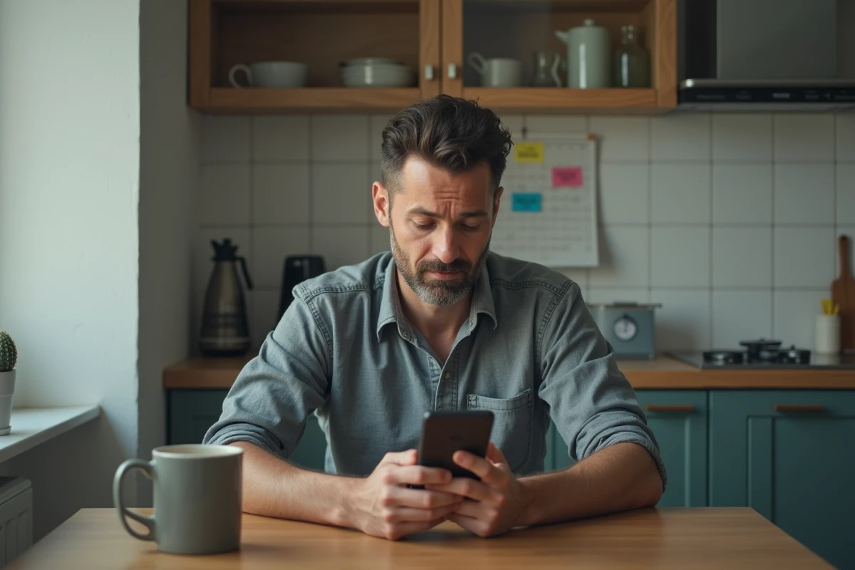 Homme d age moyen vérifiant son smartphone au matin