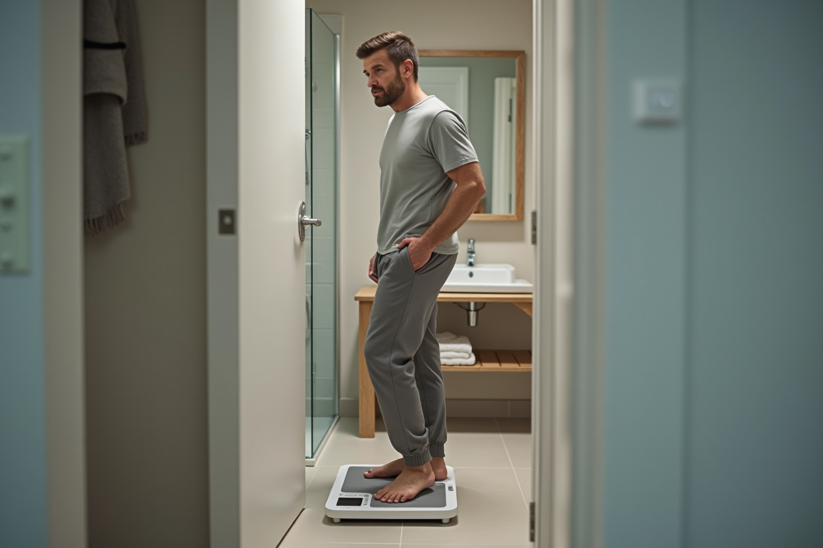 Homme surpris en se pesant dans la salle de bain