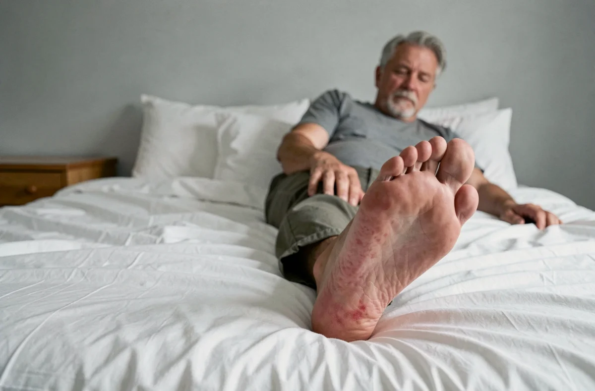 Homme âgé allongé sur un lit avec les pieds nus au premier plan montrant une rougeur des plantes, évoquant une brûlure podologique nocturne au repos