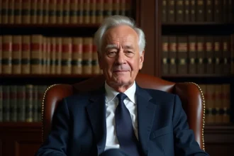 Portrait d'un homme politique français âgé en costume marine dans un bureau parisien élégant, illustrant un article sur la santé d'Alain Madelin