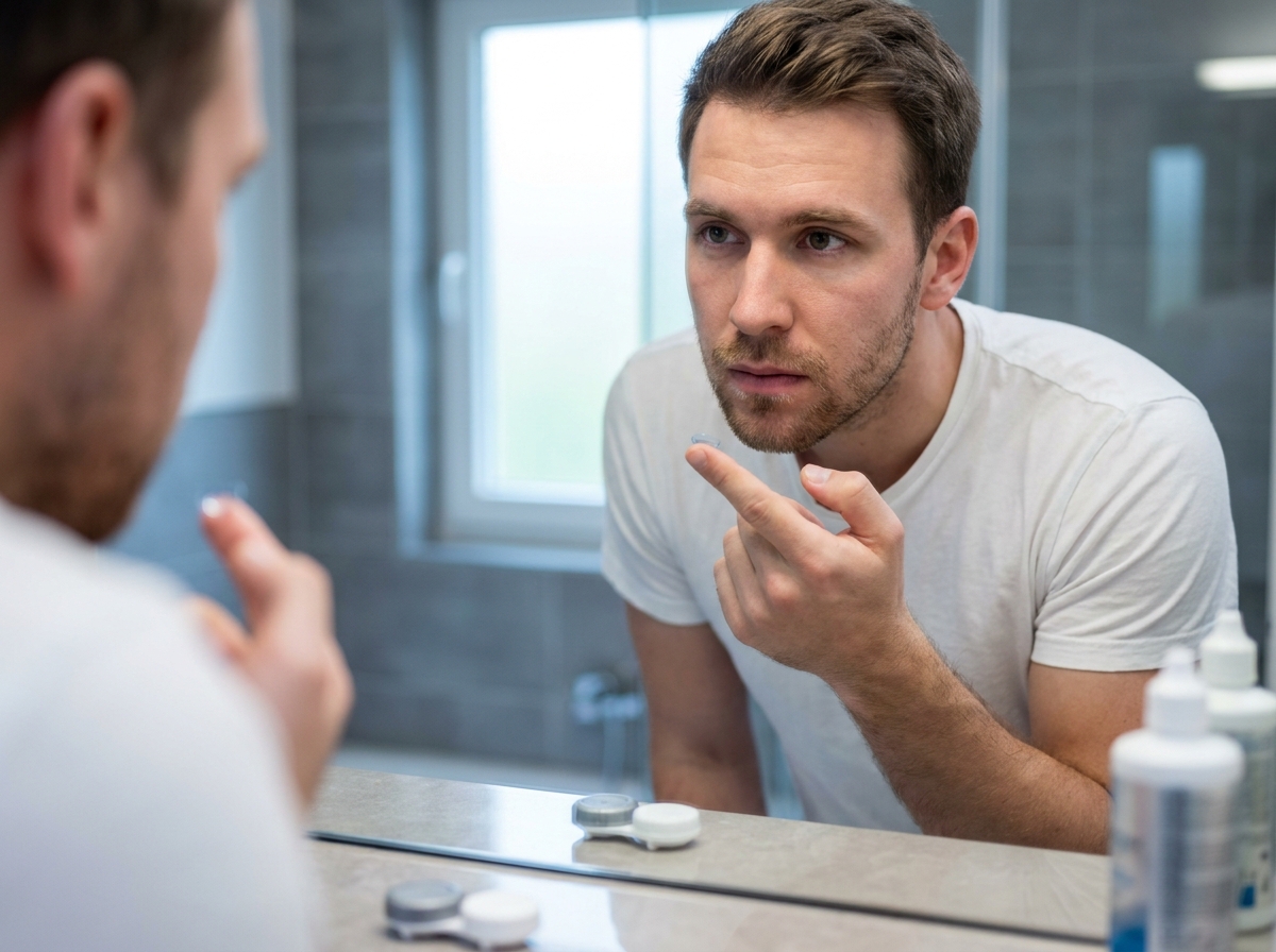 Homme appliquant une lentille de contact devant un miroir de salle de bain, comparant lentilles et lunettes de vue