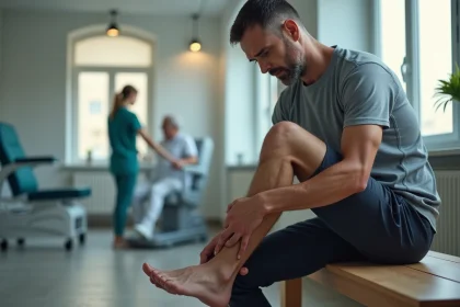 Homme en physiotherapie massant son pied droit