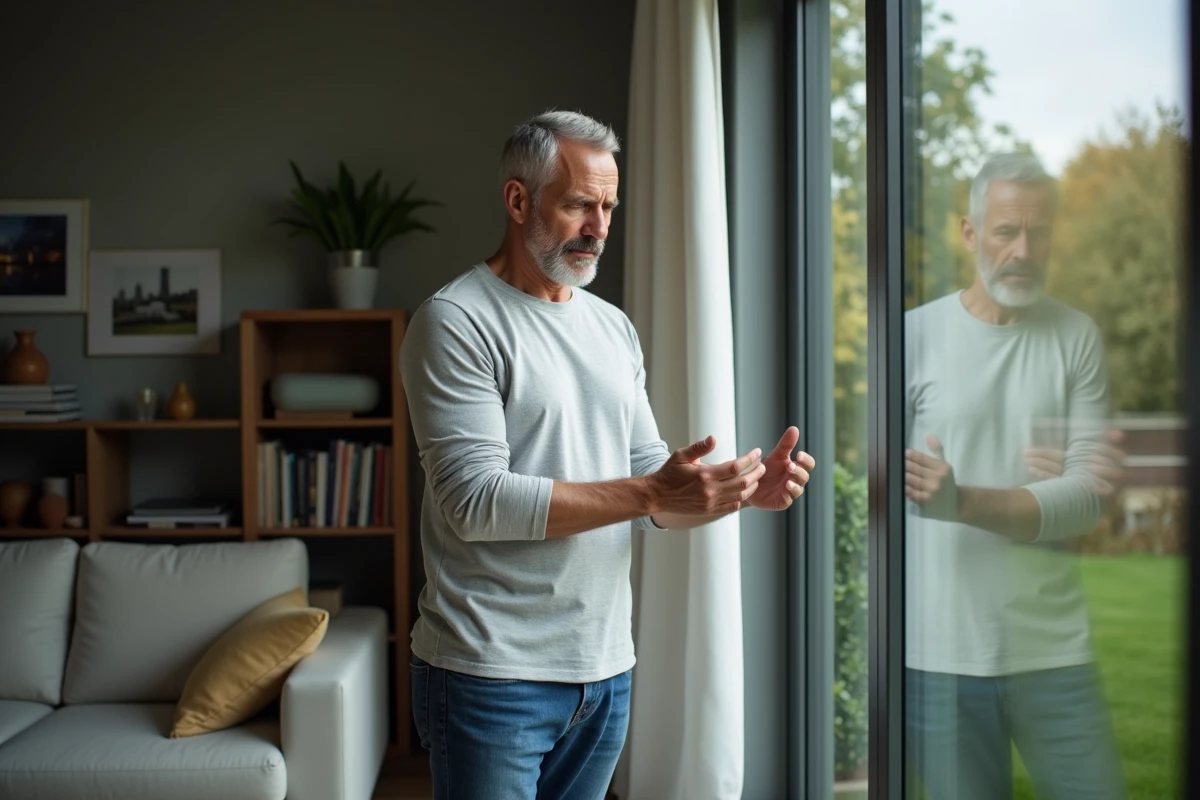 Homme regardant par la fen&ecirc;tre avec souci