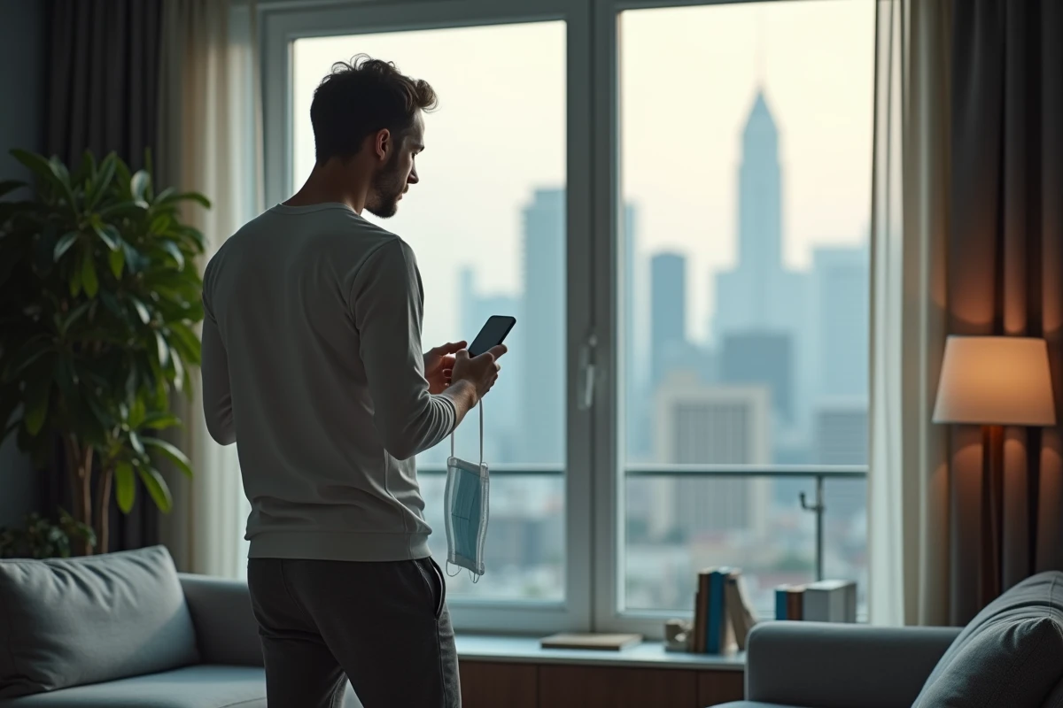 Homme regardant par la fenêtre avec masque et smartphone