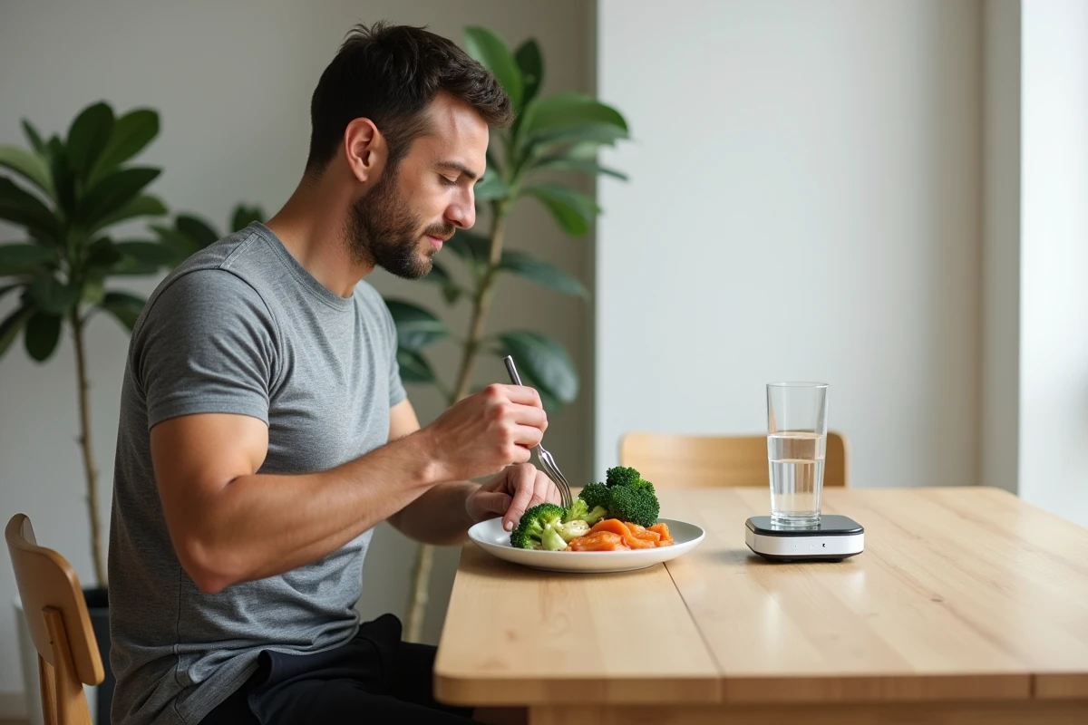 Homme mangeant un repas équilibré et contrôlé en portions à table pour suivre un régime de perte de poids hebdomadaire