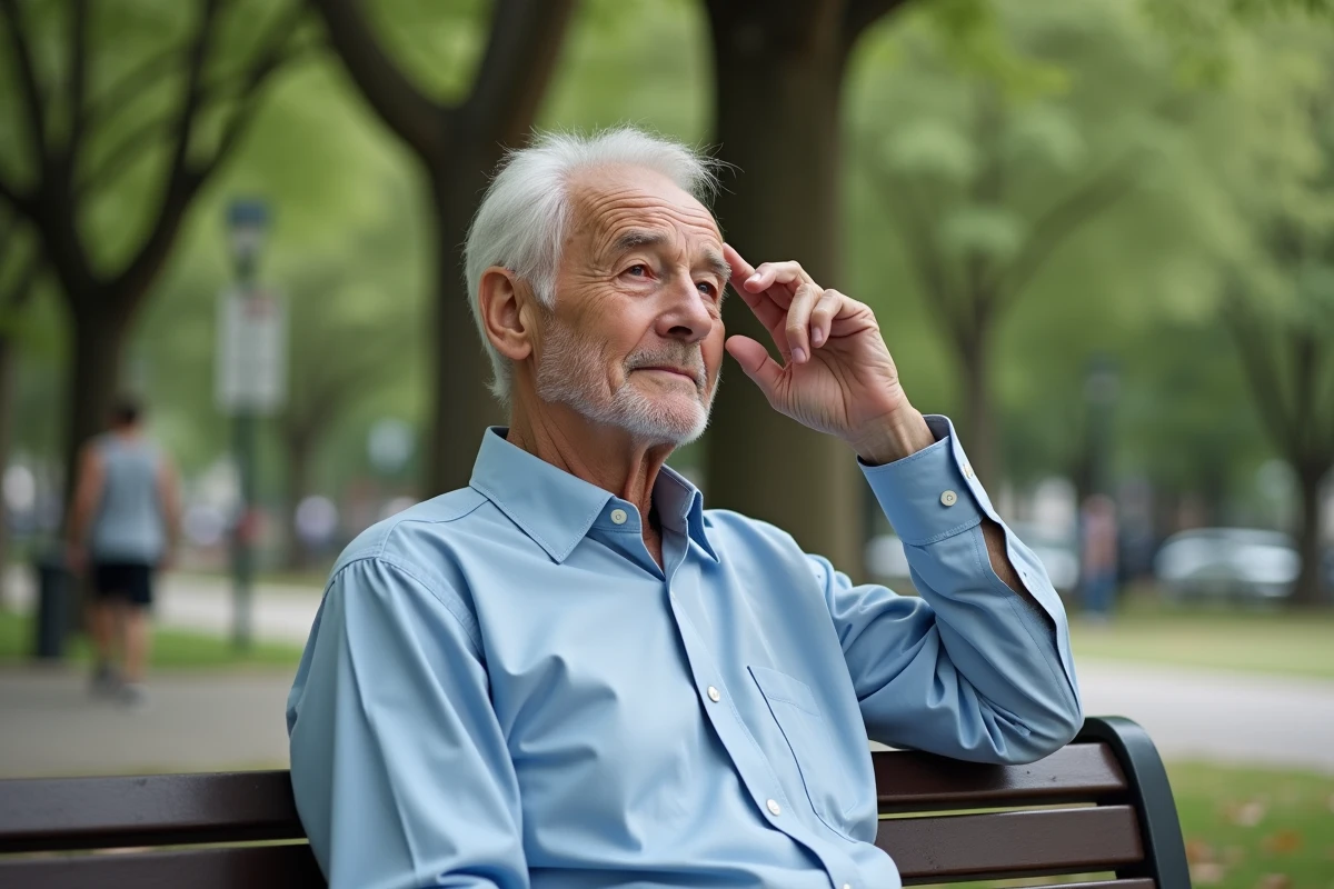 Homme âgé assis sur un banc de parc en regardant devant